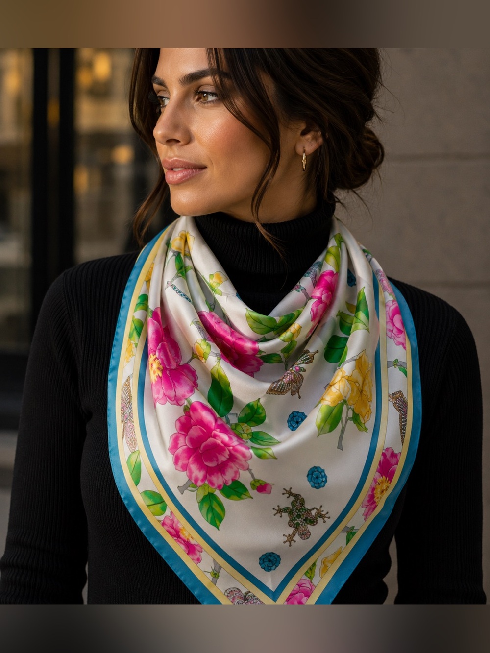 Adrienne Landau Floral Silk Scarf in White, Pink & Yellow with Blue Trim